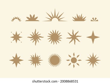 Collection of modern abstract Sun illustrations in boho style. Vector design elements for branding, website, tattoo, packaging. Magic celestial sun silhouettes on light background.