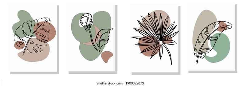 Collection of modern abstraction with lines and color spots with figures of plants and birds for wall decoration, postcards or brochures. Vector illustration design