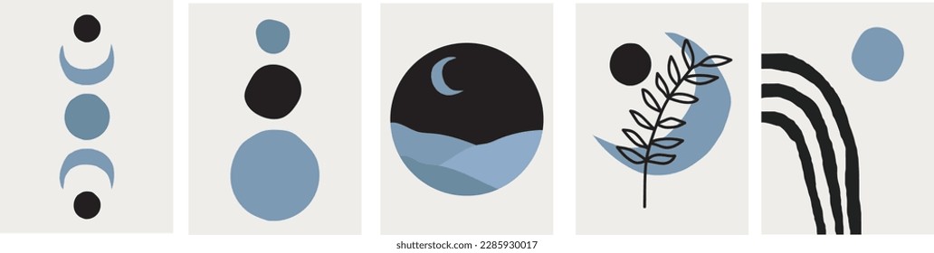 collection of modern abstractions in boho style in blue and black colors: moon, night landscape, plant silhouette and geometric shapes on a beige background