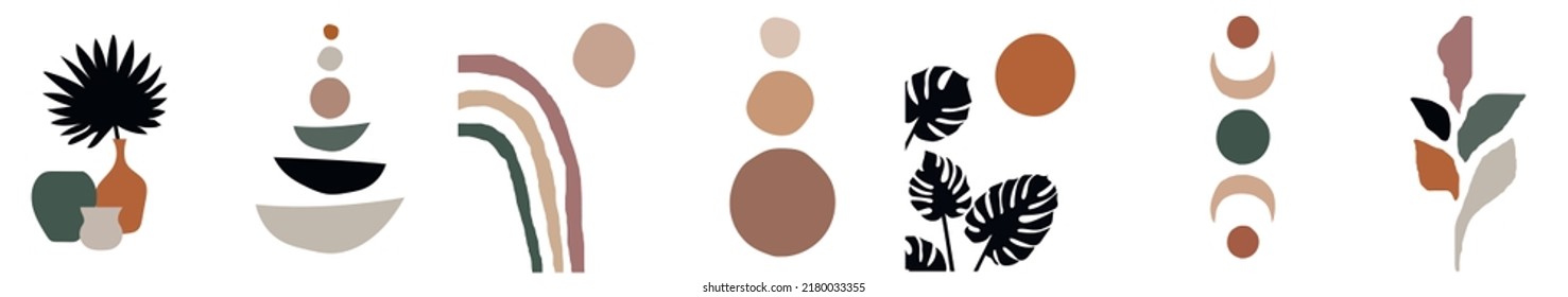 Colección de abstracciones modernas con formas geométricas de color (círculos dibujados a mano), palmeras en jarrones y macetas, hojas de monstera con sol y luna sobre fondo blanco