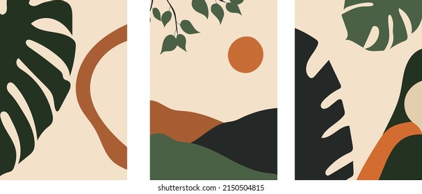 Collection of modern abstractions: a minimalistic landscape with hills, the sun and a tree branch, monstera leaves and palm trees with colored geometric shapes on a beige background