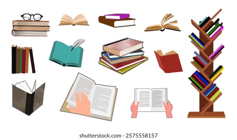 collection of modern and ancient book illustrations, interaction with books, Ideal for posters, social media, advertising, or educational websites, literature etc., isolated on white background