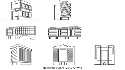 A collection of modern architectural line art drawings showcasing various building designs and urban structures