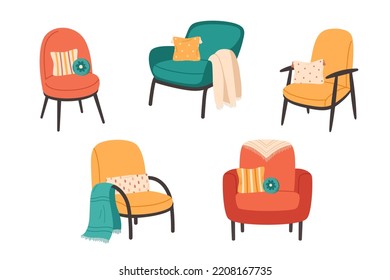 Collection of modern armchairs with blankets and decorative pillows. Cozy modern comfortable furniture in hygge style. Hand drawn vector illustration