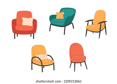 Colección de sillones modernos con almohadas decorativas. Mobiliario cómodo y acogedor de estilo hígge. Ilustración vectorial dibujada por mano