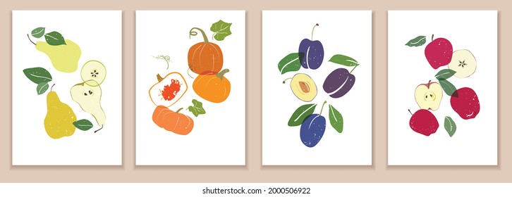 Collection of modern art posters. Abstract illustration of fruits. Pear, pumpkin, plum, apples. Abstract paper cut elements, berries and vegetables for social networks, postcards, print, packaging