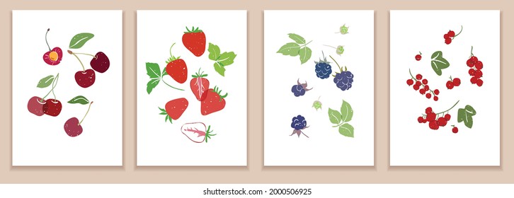 Collection of modern art posters. Abstract illustration of fruits. Cherries, strawberries, blackberries, currants. Abstract paper cut elements, berries for social networks, postcards, print, packaging