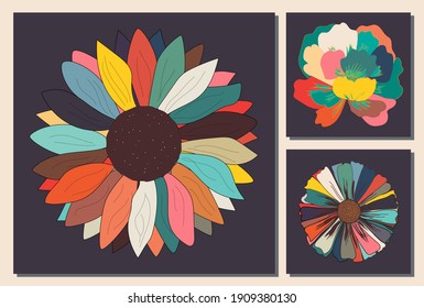 Collection of modern art posters in retro colors. Abstract geometric elements, flowers. Great design for social networks, postcards, print.