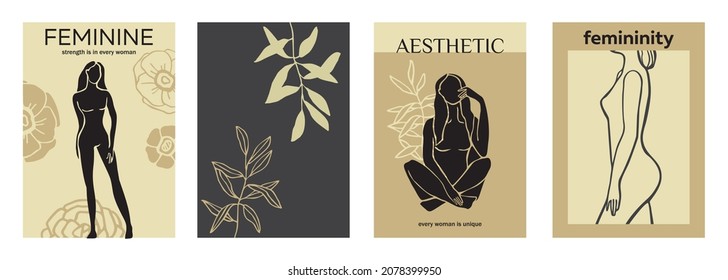 Collection of modern art posters with silhouettes of women, plants, flowers in the style of a line. Femininity. Set of cards in botanical and feminine aesthetics for covers. Cute vector illustration