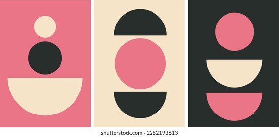 collection of modern artistic abstraction posters with geometric shapes on colored backgrounds: yellow, pink, black