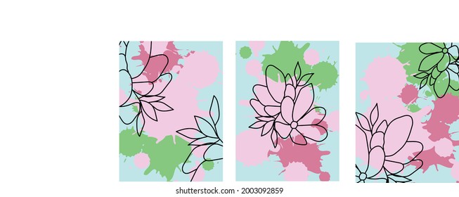 Collection of modern artistic abstractions with flowers on a background of colored blots (spots)