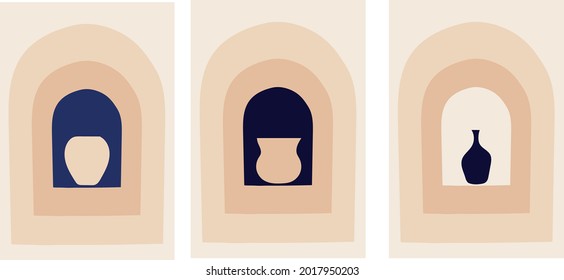 Collection of modern artistic simple minimalist abstractions with decorative vases, jugs and bottles on beige background