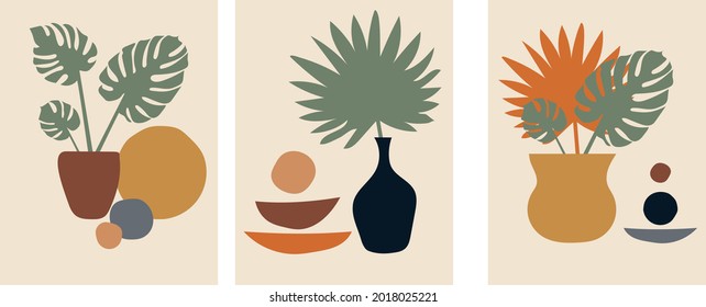 Collection of modern artistic simple minimalist abstractions (still lifes) with decorative vases and flower pots with tropical plants (monstera and palm) with geometric shapes on beige background