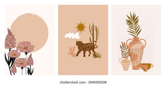 Collection of Modern Arts posters with abstract shape, animals, plants. Aesthetic Modern Art, Boho Decor, Minimalist Art. Editable Vector  contemporary poster illusration.