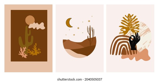 Collection of Modern Arts posters with abstract shape, animals, plants. Aesthetic Modern Art, Boho Decor, Minimalist Art. Editable Vector  contemporary poster illusration.