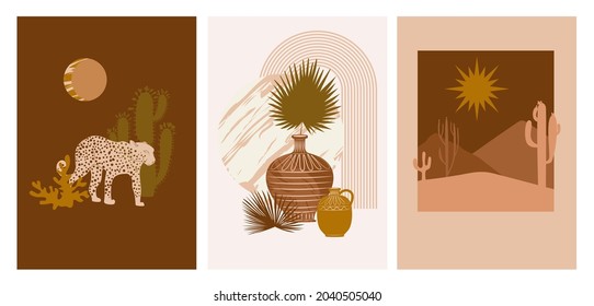 Collection of Modern Arts posters with abstract shape, animals, plants. Aesthetic Modern Art, Boho Decor, Minimalist Art. Editable Vector  contemporary poster illusration.