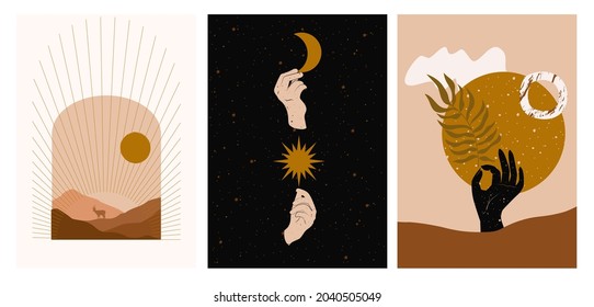 Collection of Modern Arts posters with abstract shape, animals, plants. Aesthetic Modern Art, Boho Decor, Minimalist Art. Editable Vector  contemporary poster illusration.