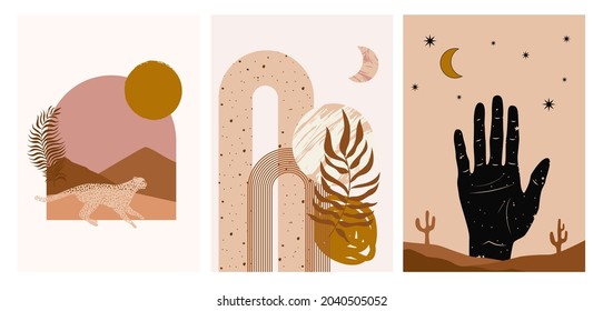 Collection of Modern Arts posters with abstract shape, animals, plants. Aesthetic Modern Art, Boho Decor, Minimalist Art. Editable Vector  contemporary poster illusration.