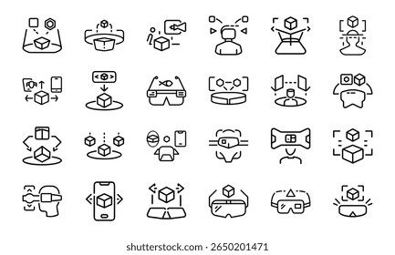 Collection of modern augmented reality and virtual reality technology line icons on white background