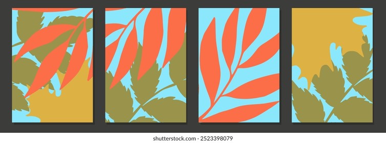 Collection Modern Autumn Posters Template with Vibrant Leaves and Branches. Trendy Fall Season Cards in flat style for Banners, Sales, Social Media, Invitations, Greeting, Cover, flyer, advertising. 