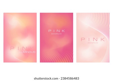 Collection of modern background in pink gradient shades with abstract wavy lines. Glowing nude wallpaper for cosmetic products, romantic style. Perfect for presentations, card design, flyers, posters.
