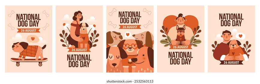 Collection of modern banners to National Dog Day. Naive illustrations with various dogs, owners, who hugging their dogs, heart, text, "26 august", skateboard. Flat style. Kawaii clip arts with pets