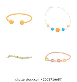 Collection of modern beaded jewelry designs, including bracelet and necklace, isolated on white
