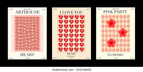 Collection of modern beautiful poster with hearts and flowers. Posters in different colors for your projects and presentations, prints on t-shirts and hoodies