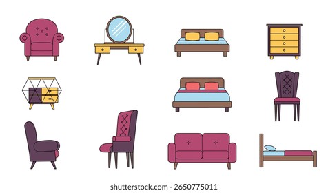 Coleção de móveis de quarto modernos e arranjos de assentos para decoração de casa