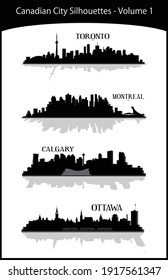 Collection of modern black and white illustrations of Canadian Cities volume 1 including Toronto, Montreal, Calgary, Ottawa. Downtown buildings skylines silhouettes. Illustrator eps vector graphics. 