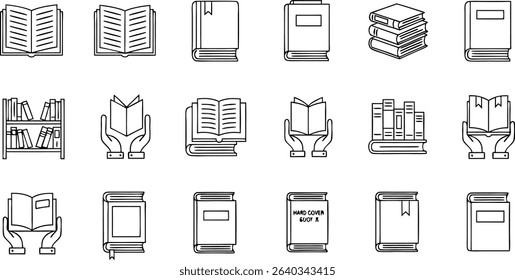 Collection of modern black and white line art book icons representing different styles and formats.