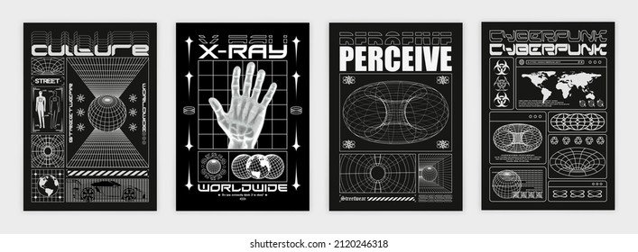 Collection of modern black and white posters. In techno style, stylish print for streetwear, print for t-shirts and sweatshirts. Isolated on black background