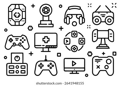 A collection of modern black and white vector illustrations of gaming devices and related elements for design