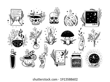 Collection of modern boho tattoos for witch, amulets. Vintage stickers with ritual objects and plants, linear hand drawing. Vector illustration isolated on white background
