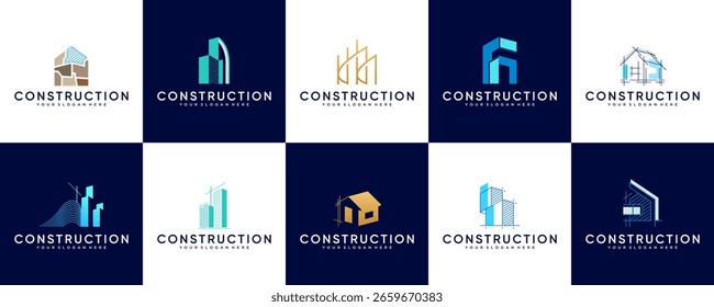 collection of modern building construction, structures, maintenance, vector graphic design.