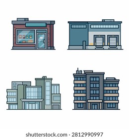 Collection of modern building facades and shops