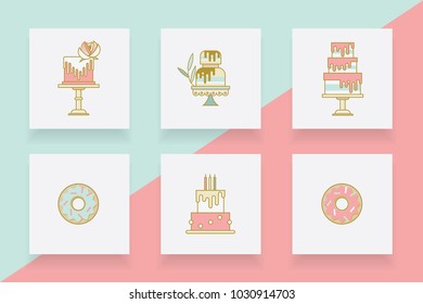 Collection of modern cake and donuts  line icons in pink and blue color hues