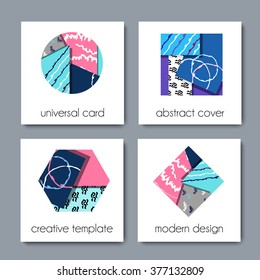 Collection of modern cards with geometric shapes, abstract textures and example text.creative design for posters, covers, brochures, invitation. vector illustration
