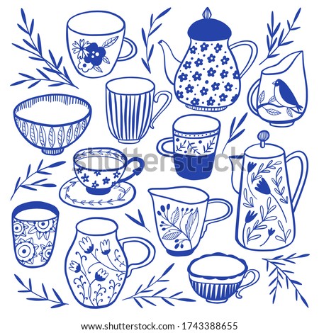 Collection of modern ceramic: cup, mug, tea or cofee pot. Blue and White Chinese Porcelain set. Kitchen utensils for hot drinks. Doodle pottery with floral ornament. Tableware items. Hand drawn vector