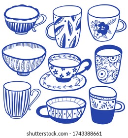 Collection of modern ceramic: cups, mugs. Blue and White Chinese Porcelain set. Kitchen utensils for hot drinks. Doodle pottery with floral ornament. Tableware items. Hand drawn vector