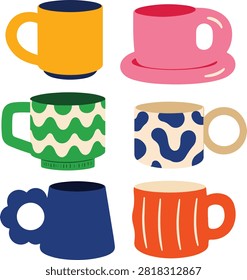 Collection of modern ceramic drinkware featuring unique patterns and bright colors for daily kitchen or cafe beverage.