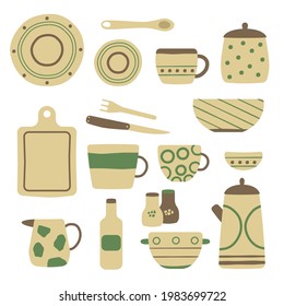 Collection of modern ceramic kitchen utensils or crockery. Hand drawn cups, dishes, bowls. Vector dishes collection. Vector illustration about mealtime. Cooking food, meal, drinks. Vector dishware.