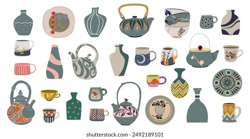 Collection of modern ceramic kitchen utensils or crockery - cups, mugs, dishes, bowls, plates. Set of decorative tableware items isolated on white background. Vector illustration in flat cartoon style