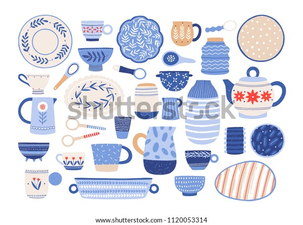 Collection of modern ceramic kitchen utensils or\
crockery - cups, dishes, bowls, pitchers. Set of decorative\
tableware items isolated on white background. Vector illustration\
in flat cartoon\
style