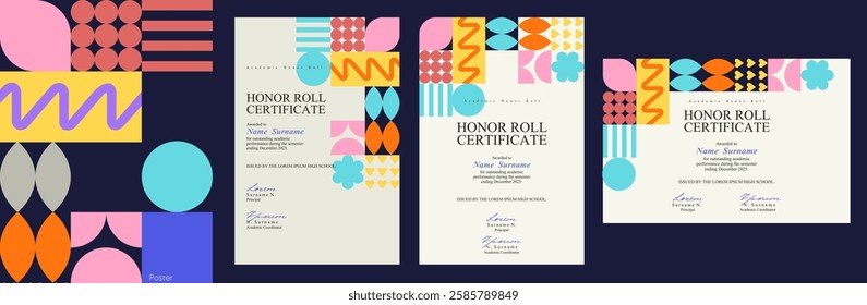 A collection of modern certificate and diploma templates featuring bold geometric patterns and vibrant colors. Perfect for awards, academic recognition, and email designs.