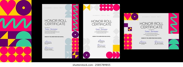 A collection of modern certificate and diploma templates featuring bold geometric patterns and vibrant colors. Perfect for awards, academic recognition, and email designs.