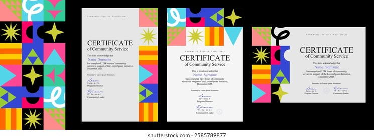 A collection of modern certificate and diploma templates featuring bold geometric patterns and vibrant colors. Perfect for awards, academic recognition, and email designs.