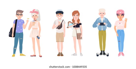 Collection of modern children eating ice cream, spinning fidget spinner, roller skating, riding hoverboard. Set of smiling boys and girls isolated on white background. Colorful vector illustration.
