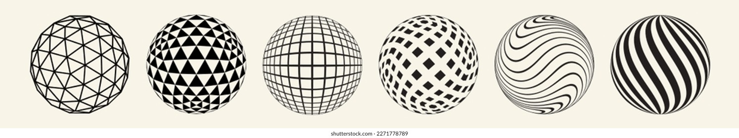 Collection of modern circle minimal design icons. Vector spheres with stripes, triangles, rectangles, isolated on white background. Trendy graphic elements set.