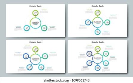 Collection of modern circular flower petal diagrams with 3, 4, 5 and 6 paper white round elements placed around center. Creative infographic design templates. Vector illustration for presentation.